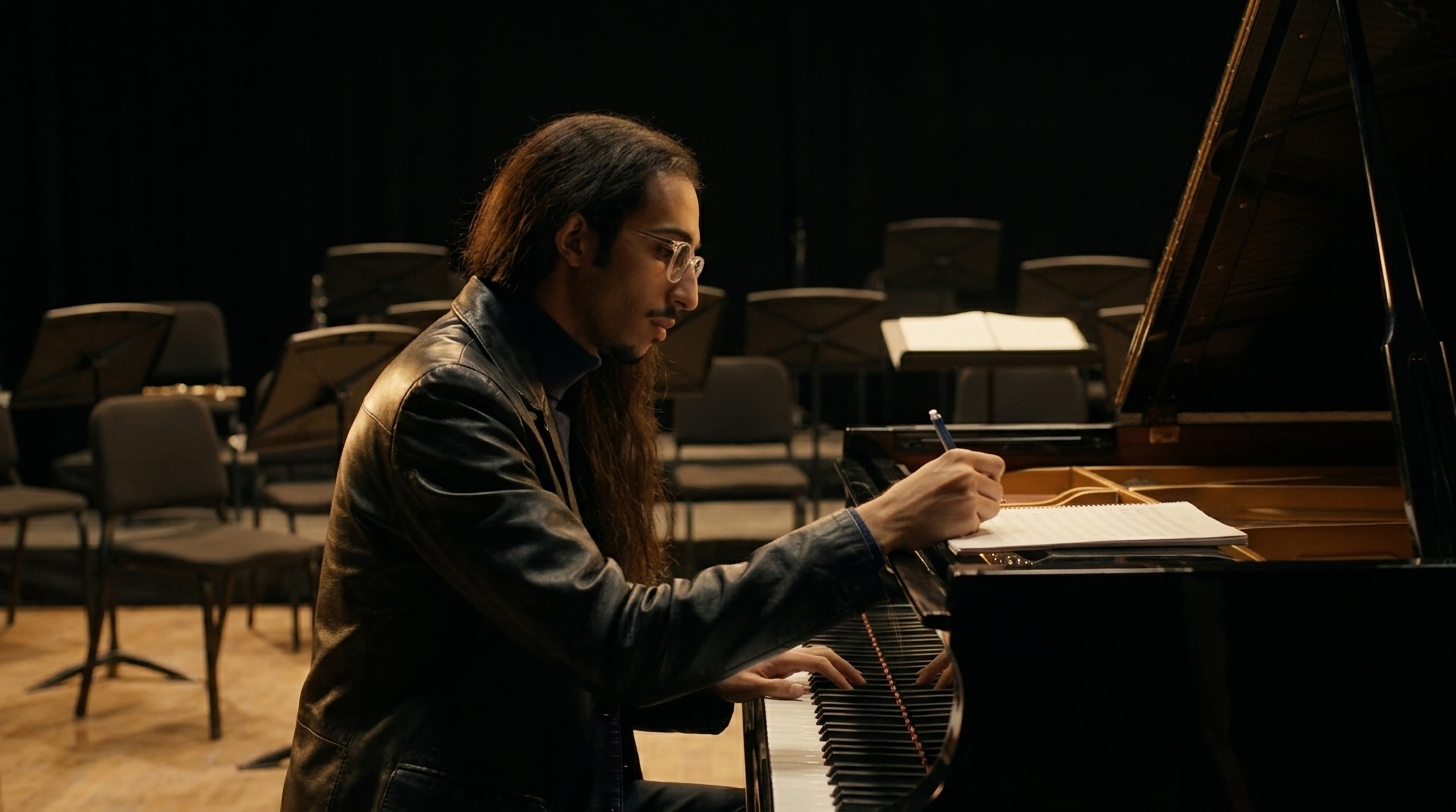 Habib Rahimi composing beside a grand piano